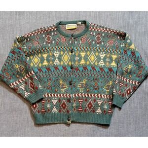 Alexandra Vintage Southwestern Teal Knit Cardigan Sweater Bird Geometric Large